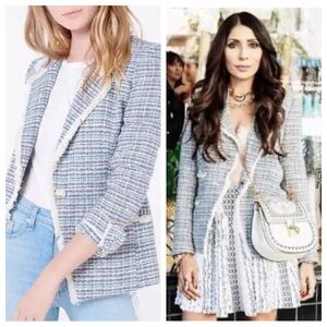 VERONICA BEARD Aba 3 Pocket Blue Tweed Fringe Blazer Jacket Size 0